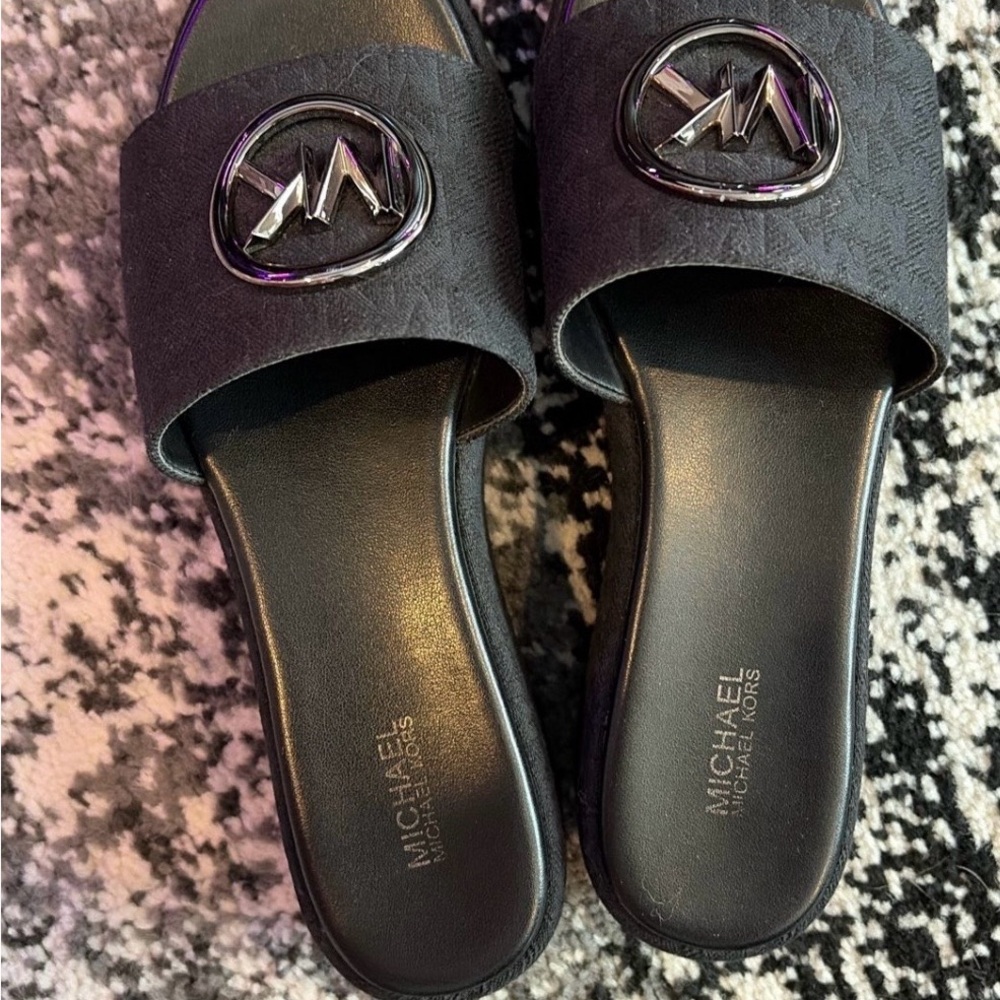 Michael Kors Black Slide Sandals with Logo Accent